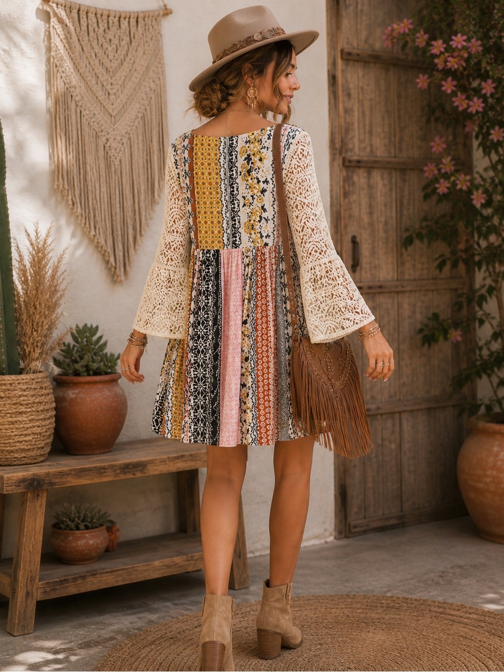 Boho Patchwork Lace Sleeve Mini Dress Bell Sleeve Bohemian Boutique Dress Size - Picture 2 of 6